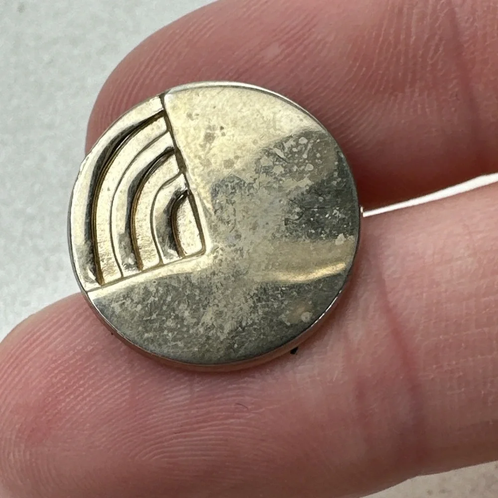 Gold Tone Round Cufflinks & Tie Clip Set Vintage Unmarked Circle Three Lines Pie